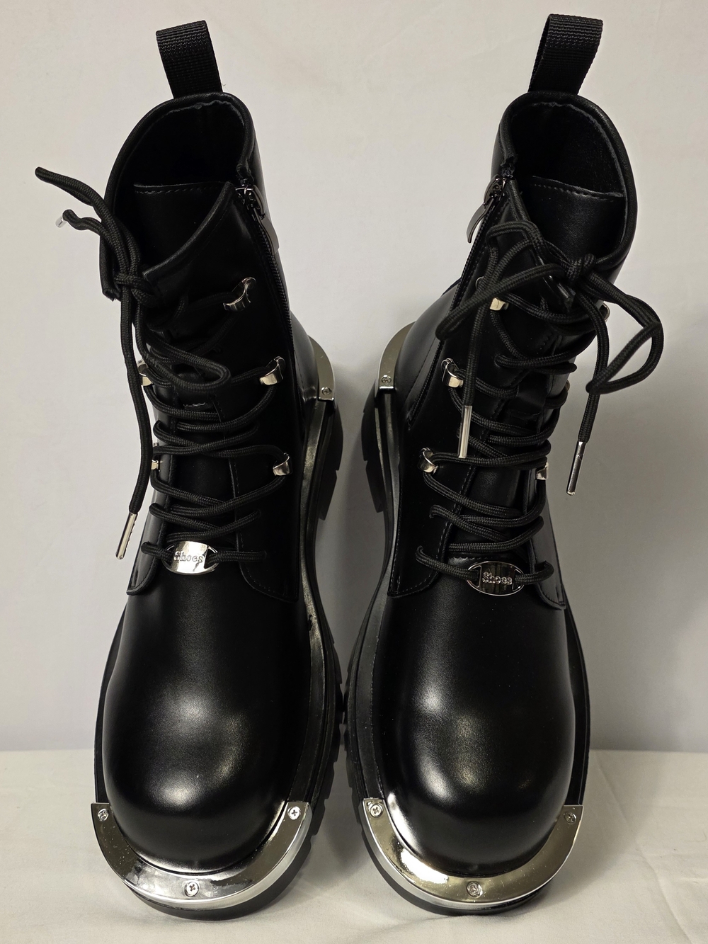 Men's Black Combat Biker Boot With Chrome Accent Size 11 Unbranded - Picture 3 of 16
